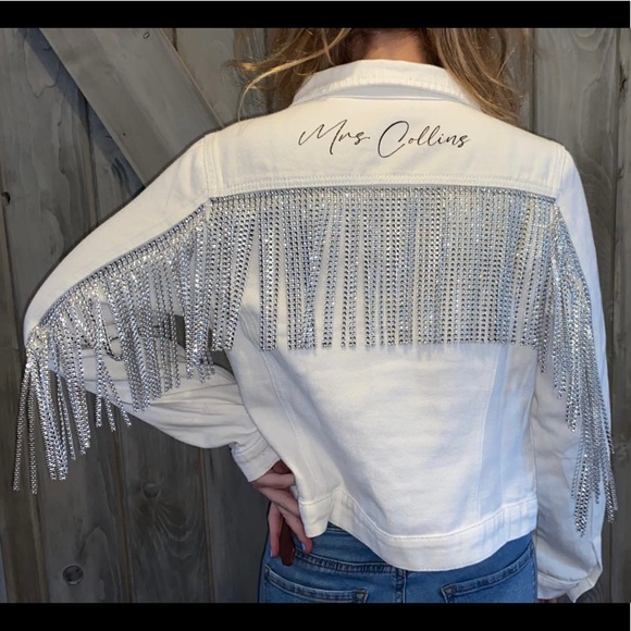 Handmade to order! Bridal denim jean jacket with rhinestone fringe - Picture 1 of 8